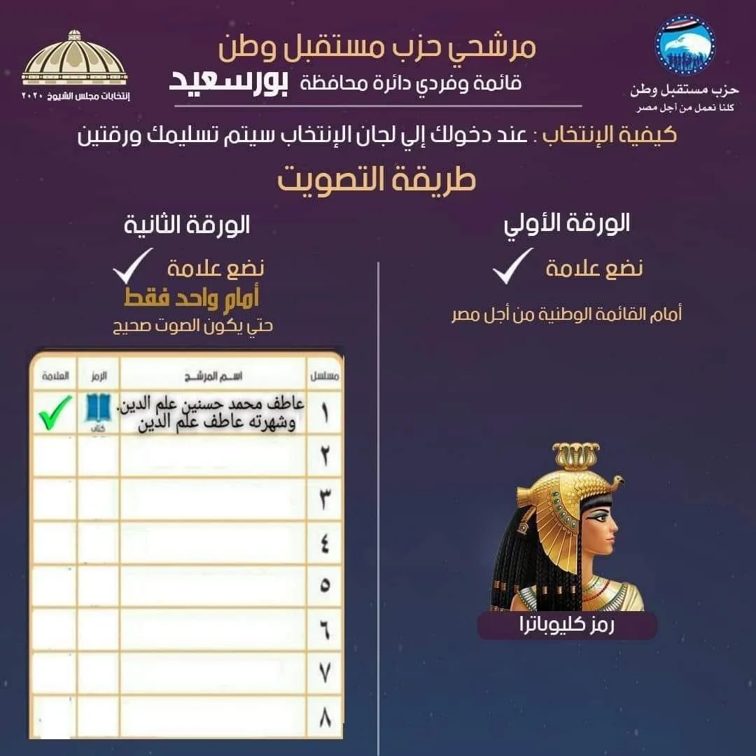 "مستقبل وطن" يوجه ناخبيه في بورسعيد لاختيار عاطف علم الدين