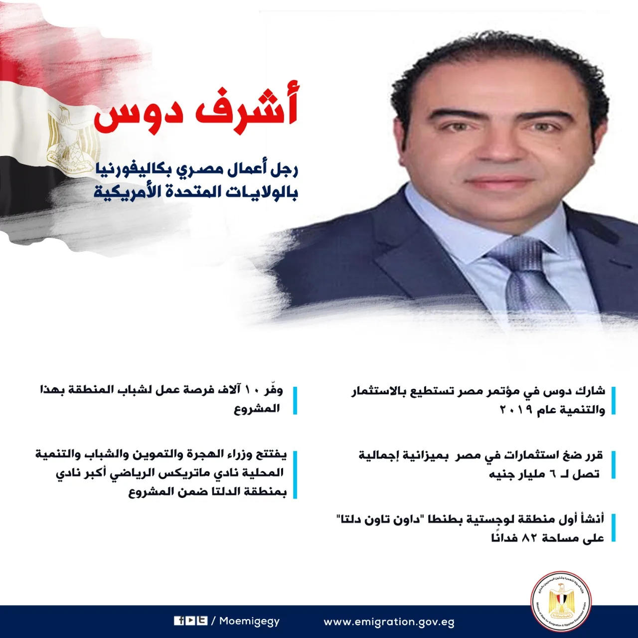 سافر أمريكا ورجع أنشا نادي رياضي.. حكاية أشرف دوس مع وزارة الهجرة